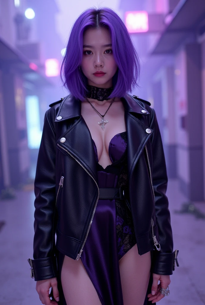(1girl:1.3),solo,__body-parts__, official art, 8k unit wallpaper, ultra detailed, close-up on face, beautiful and aesthetic, gorgeous, masterpiece, best quality, fantastic atmosphere, calming palette, quiet mood, soft shading, priestess Miko, charm spell, family talisman, priestess duties, dark aesthetic, suit and tie with black leather shorts with many chains around the body and a black leather jacket, Tokyo city in the background, (messy short purple hair),