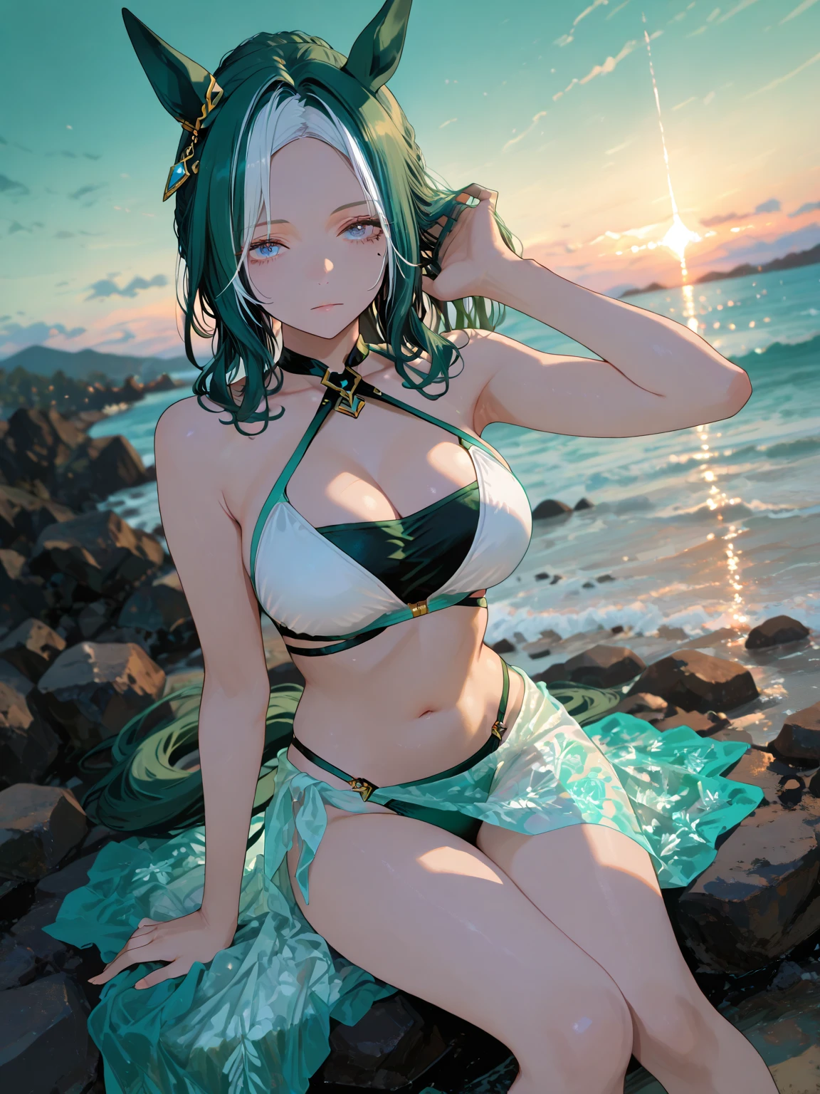 Green hair、large full breasts、Blue Eyes、an oil painting、Anime style