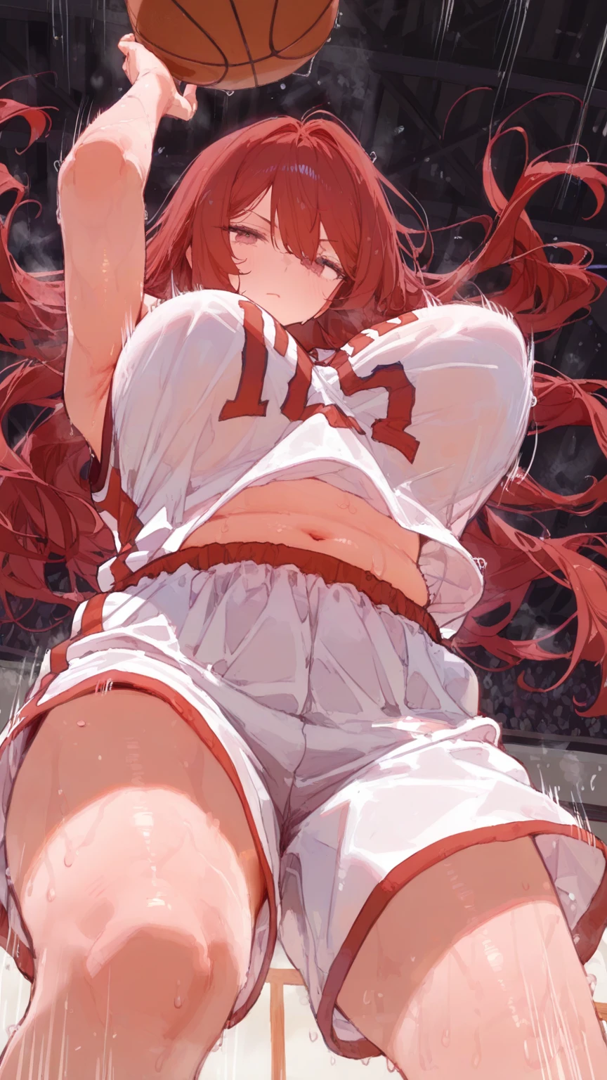 (8K,Highest quality,masterpiece:1.2),(Detailed eyes),(Clothing Details),(Very large breasts) ,((Detailed hands and fingers)),高品質CG Unity 8K 巨大なファイルサイズ,Ultra-fine,High resolution,Beautiful Eyes,Ray Tracing,Dramatic Shadows,delicate,Hyper Detail,(single)、(Red Hair Long Hair)、((White volleyball sleeveless)),((Volleyball Bloomers))、((Simple Background))、((((Haa))))、(((Very wet)))、(((Cowboy Shot)))、((Knee socks))、((((Sigh))))、(((Squat)))、(summer)、(((Place both hands behind your head)))、、((((Face forward and spread your legs wide))))、A little plump、(((Very large breasts)))、(((Composition looking up from a little below.)))
