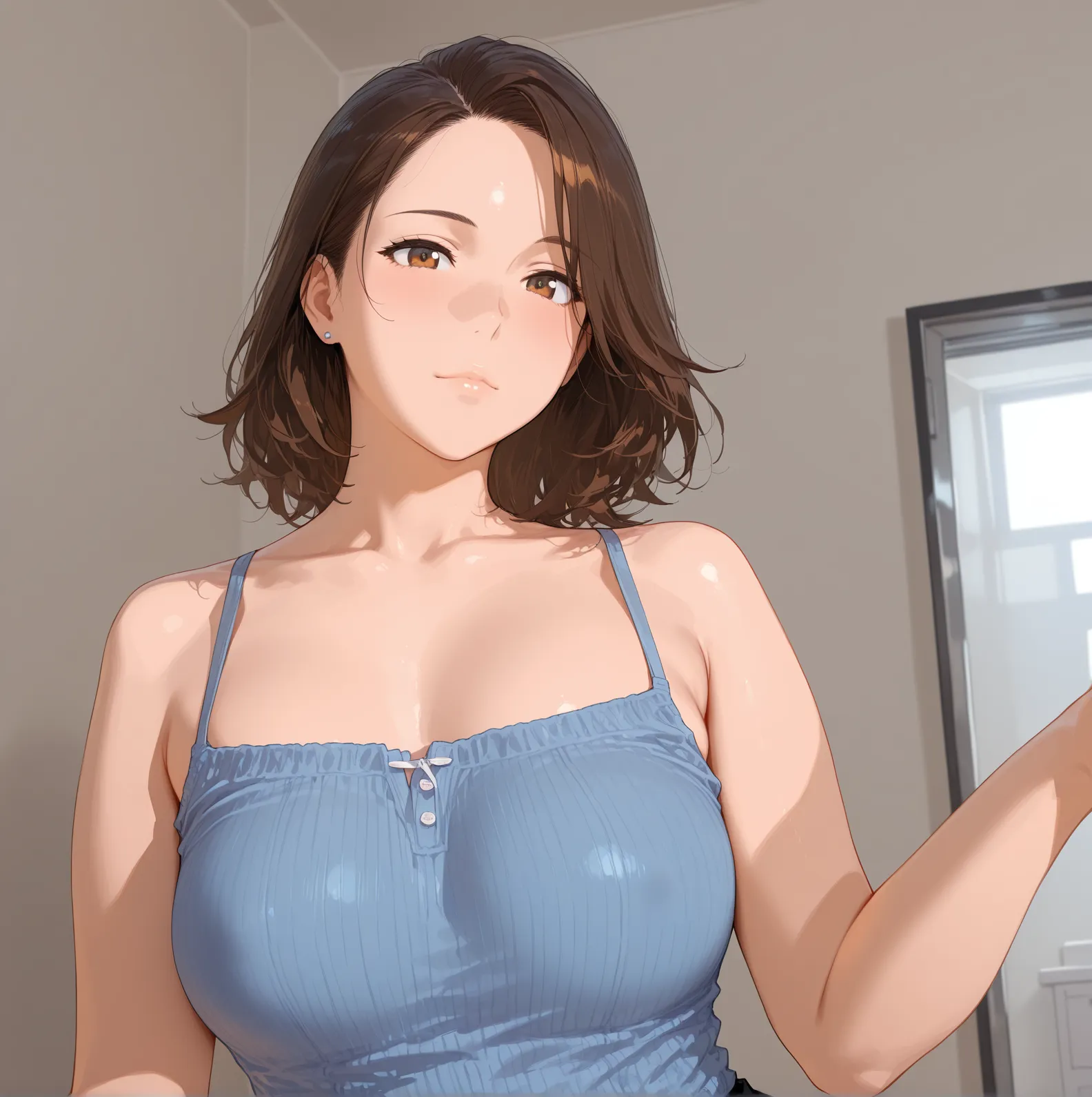 ((Best Picture Quality, 8k, tmasterpiece:1.3)), 1girl, 纤细美女:1.3, (Casual hairstyle, huge tit:1.2),nakeness :1.1, Ultra-fine face, A detailed eye, 二重まぶた,Home