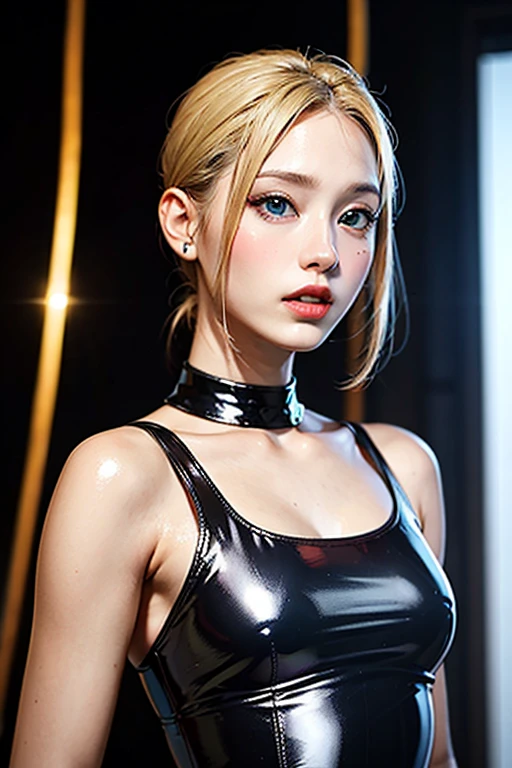 (best quality, 8k, highres, photorealistic:2.0), (solo, one girl:2.0),(photo taken using flash:1.9),(brighten the subject:1.8),(ultimate beautiful girl:2.0),(shiny skin),(oily skin),(blonde hair:1.7),(short hairstyle:1.5),(cool beauty:2.0),Blush brown makeup , dark eye makeup , use pink glossy lipstick,(big beady eyes girl:1.5),(droopy-eyes girl:1.5),(blue eyes:1.5),(thin girl:1.5),(baby face girl),(sex appeal),(sweet smelling girl),(Photographed at the Museum of Modern Art:1.8),(A girl who works part-time at an art museum:1.3),(she works for low wages:1.5),(kind-hearted woman:1.5),(she has a nice smile:1.3),(woman with a happy look:1.3),(she is very sociable),(from a very poor family:1.5),(virgin girl),(She is a secret pervert.),(she covertly lewd),(she looks so erotic),(Preserve virginity for devout Christians),chuuChloe,(A woman with very soft breasts),(woman fantasizing about sex),(allurement),(I love masturbating),(impressive eyes:1.5),(clean girl),(affability),(tight dress shirt),(cute smile)