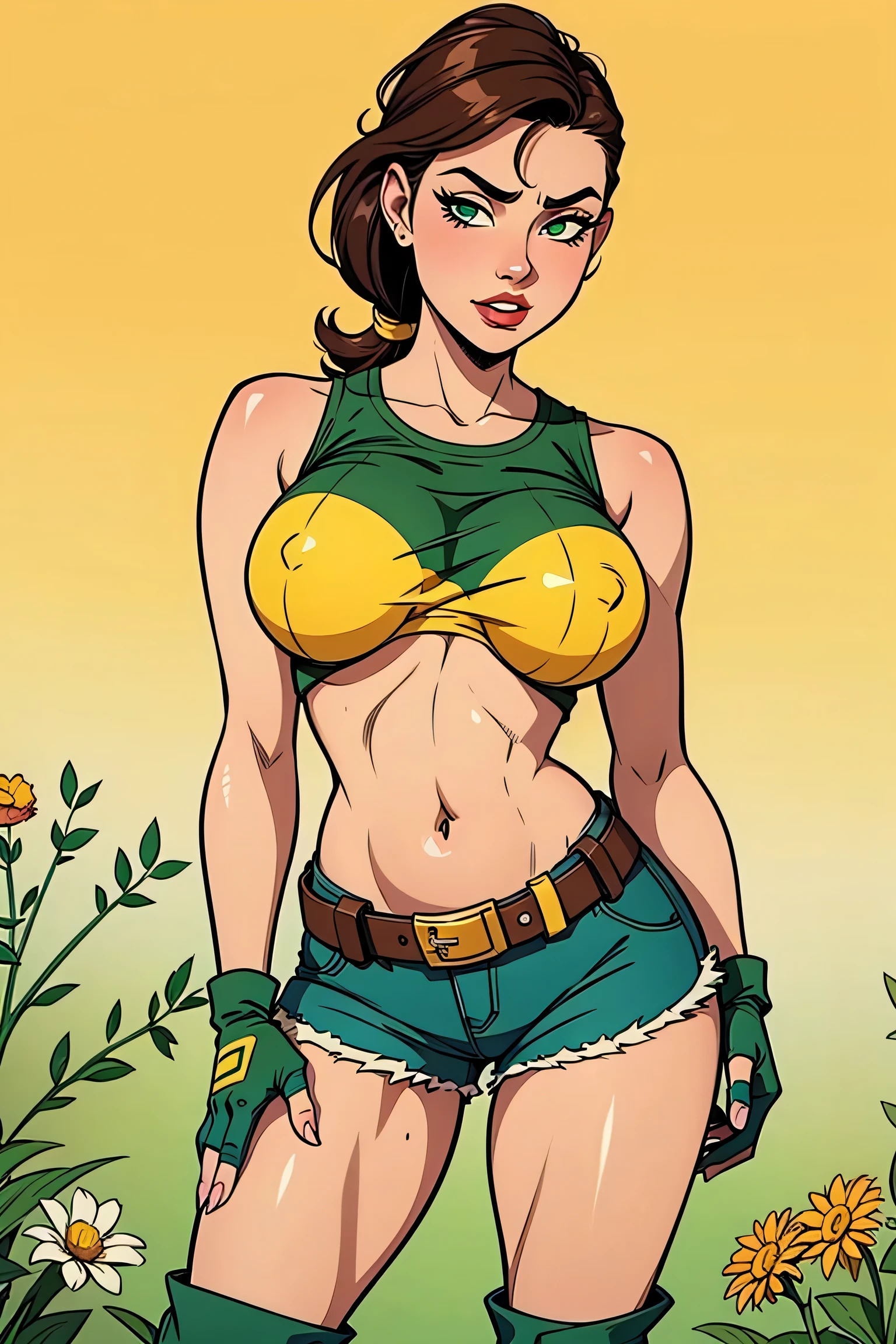 25 year old girl manga style ,delgada con cabello corto color  estilo bob color amarillo,ojos verdes oscuros, con mirada linda  y sonrisa  con busto estilo nanatsu no taizai,with anime style clothes,with top and crimson red chameleon tattoo on the abdomen 