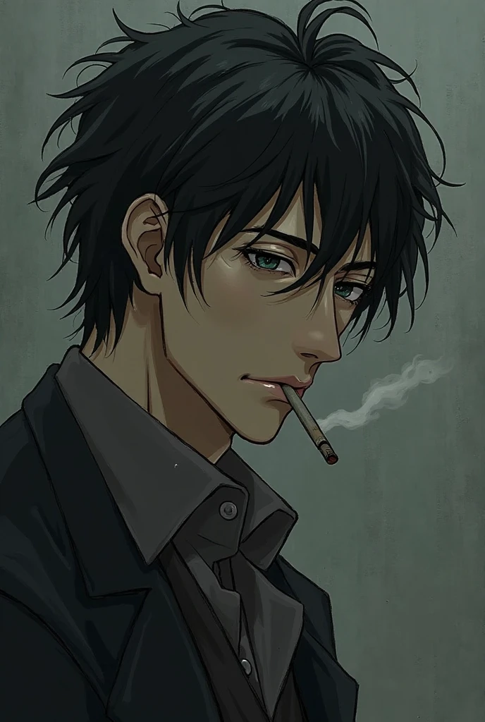 Constantine, man sitting on the floor, smoking a cigarette, dressed in a suit, black tie, broken glass on the floor, leaning against a wall, dark and gloomy scene