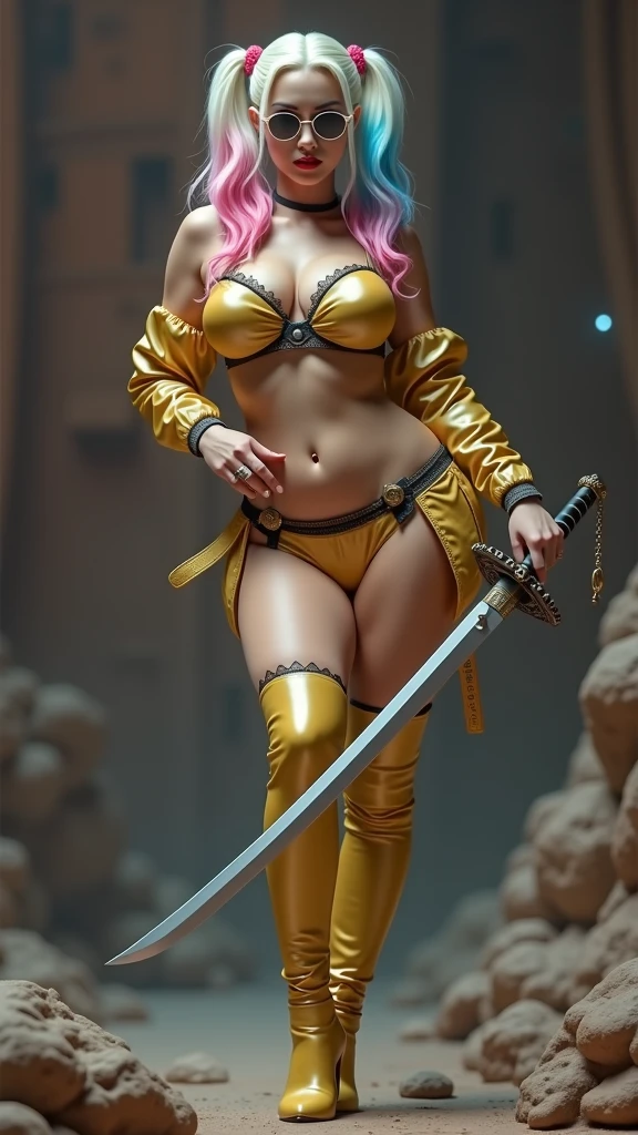 ANIME_Dragonaut_GarnetMclane_ownwaifu,
1girl, long hair, dark skin, breasts, dark-skinned female, purple hair, hair over one eye, large breasts, lipstick, makeup, huge breasts, ponytail, green eyes, navel, lips, thick thighs, light purple hair,
cleavage, midriff, cleavage cutout, clothing cutout, weapon, epaulettes, thighhighs, uniform, military, pants, military uniform,
((masterpiece)),((best quality)),(highres, absurdres), original, official_art, looking at viewer, solo, focused, outdoors, day, cowboy shot,
