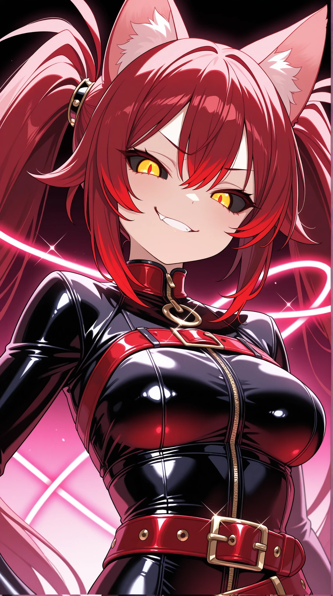 make me a female, 18 years old, red long messy hair, yellow eyes, glasses, black revealing outfit, she's smiling