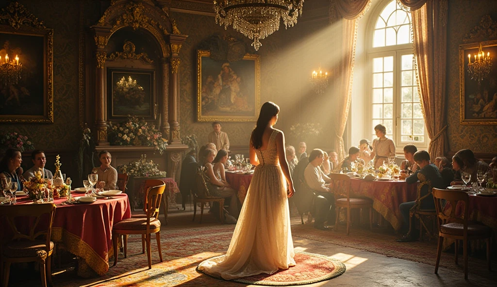 background of a greek wedding where a greek woman is standing on one side of the table and throwing a golden apple renaissance time cinematic 3D