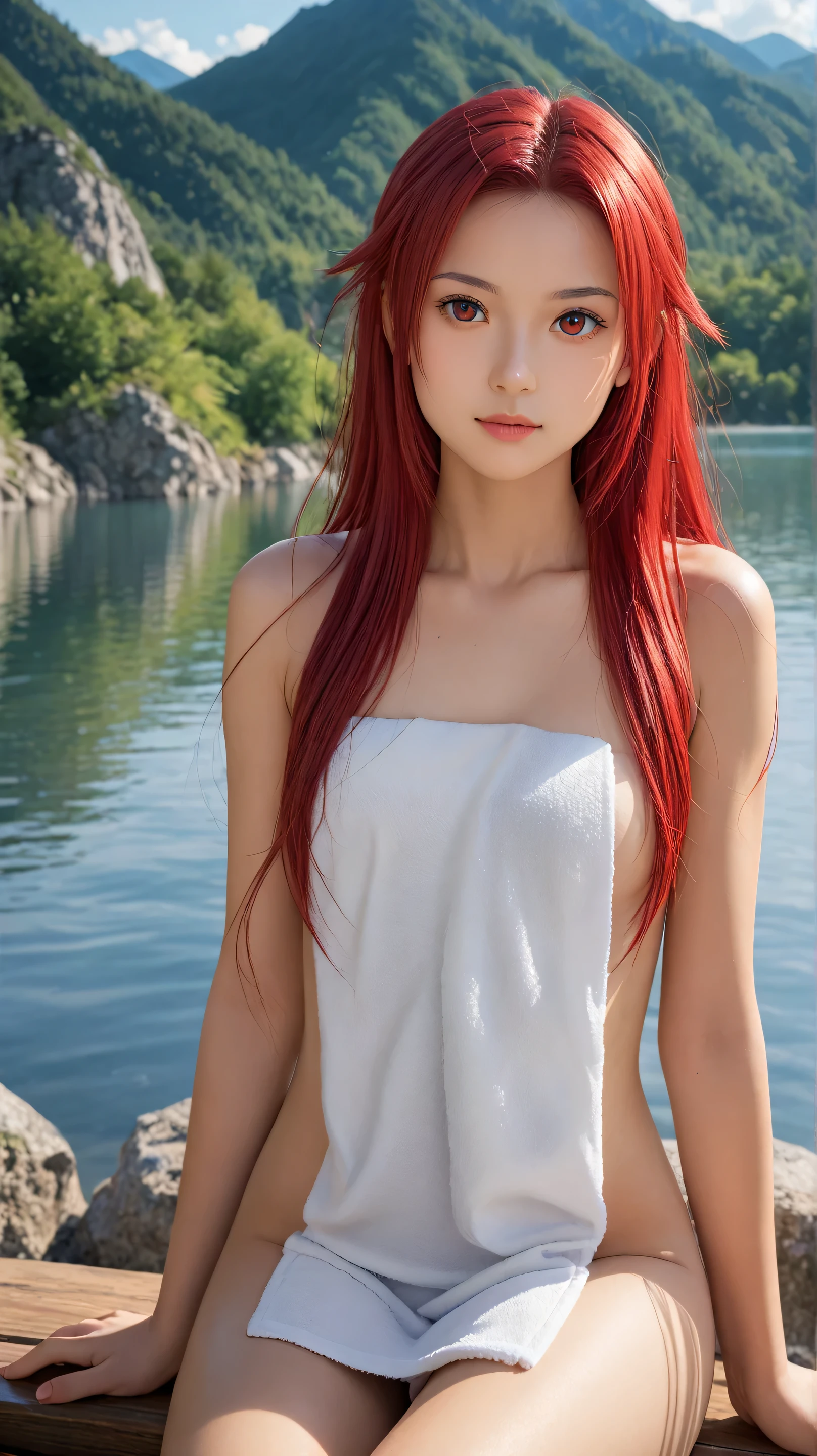 Anime girl. Long red hair. Green eyes Outdoors. Ocean, water. Thunderhead, sunset, lightening bolts, lightening hitting water. Nude, Nudity, massive breasts, visible nipples. Visible vagina. Oozing. 1character. (1girl). wet skin, dripping wet. Freckles. Solo. Alone. Wind blown hair. Sultry expression, sexy pose, laying in ocean, laying on back. legs apart. Tan skin, elf ears. Tropical Island. Thunderstorm. raining. Wet hair. Full body, long legs. Hands on breasts.