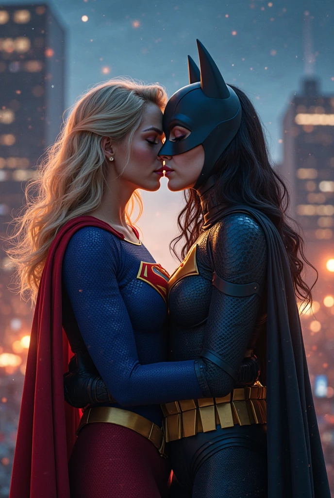 (photorealism:1.2), 2 girls, Supergirl, Batgirl, pale, beautiful woman, kneeling, butt, posing, city street at night, blonde, streetlight, neon