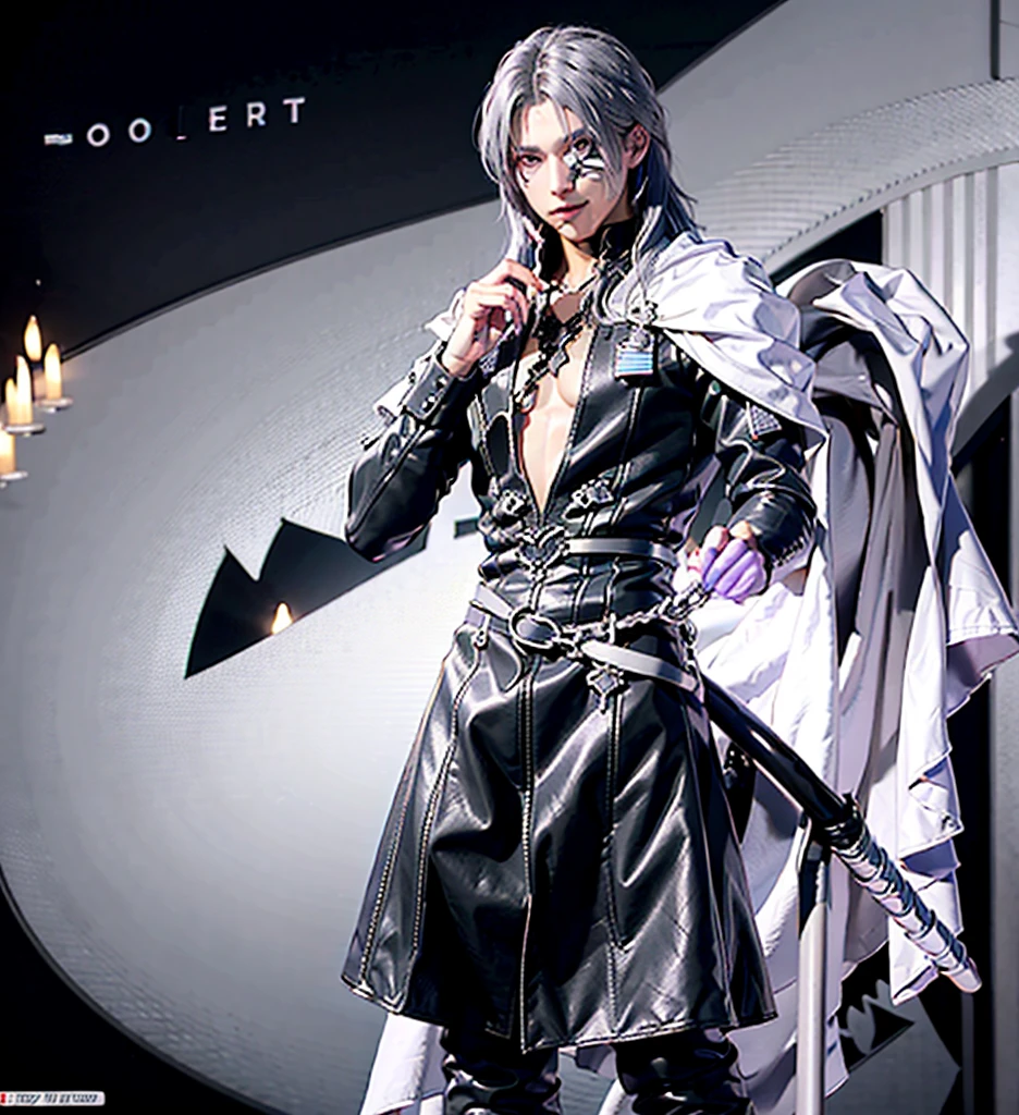 1anime boy, elegant boy, ((holding sword)),elegant outfit, Assassin pose,aggressive smirk on face, angry deep red eyes, ((silver short messy hair)), ((black long high collar fur coat)), ((purple splash art)), ((big magic circle behind the boy)),((4k high quality )