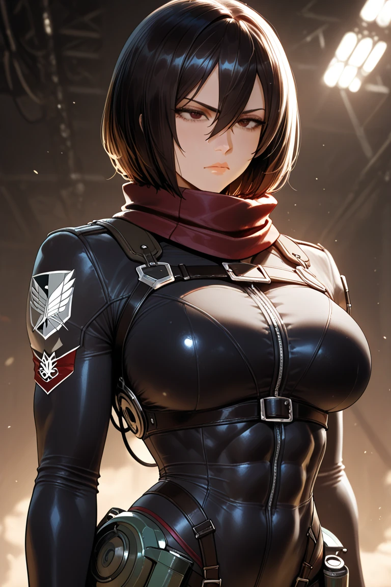score_9_up, score_8_up, score_7_up, 1girl, solo, mature female, Mikasa, looking at viewer, black short hair, black eyes, pink lips, parted lips, fit slim body, perfect medium erected breast, (((black tight suit))), (((boat cabin))), perfect model body, bending on the table,