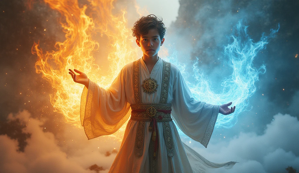 A baby dressed in monk robes is performing a gesture of domain expansion. The baby, with a focused and serene expression, extends one hand outward. From the hand, a wave of glowing, bluish energy begins to radiate and expand across the space. This energy creates a luminous mist that fills the environment, stretching infinitely in all directions. The mist grows denser and more vibrant as it spreads, causing a subtle distortion in the space around it. The sky within this domain appears boundless and undefined, enhancing the sense of limitless expansion and tranquility.
