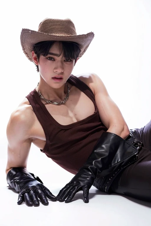 there is a man in a cowboy hat and leather pants, cai xukun, tpose, tarot card of a shirtless cowboy, xqc, shirtless, sakimichan, masculine pose, jimin, south korean male, 2d, 2 d, handsome anime pose, open v chest clothes, park jimin, handsome stunning realistic, shirtless :: high detail, black cowboy