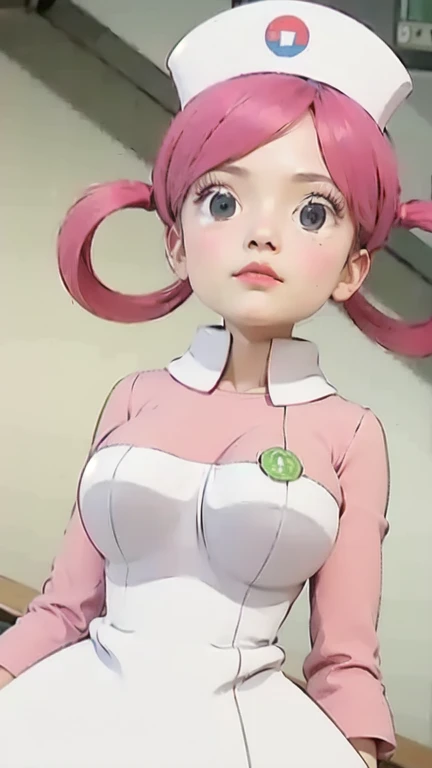 masterpiece, best quality, defwhitney, pink eyes, hair ornament, white shirt, short sleeves, blue shorts, wristband, gigantic breasts, from above, parted lips, upper body, hallway