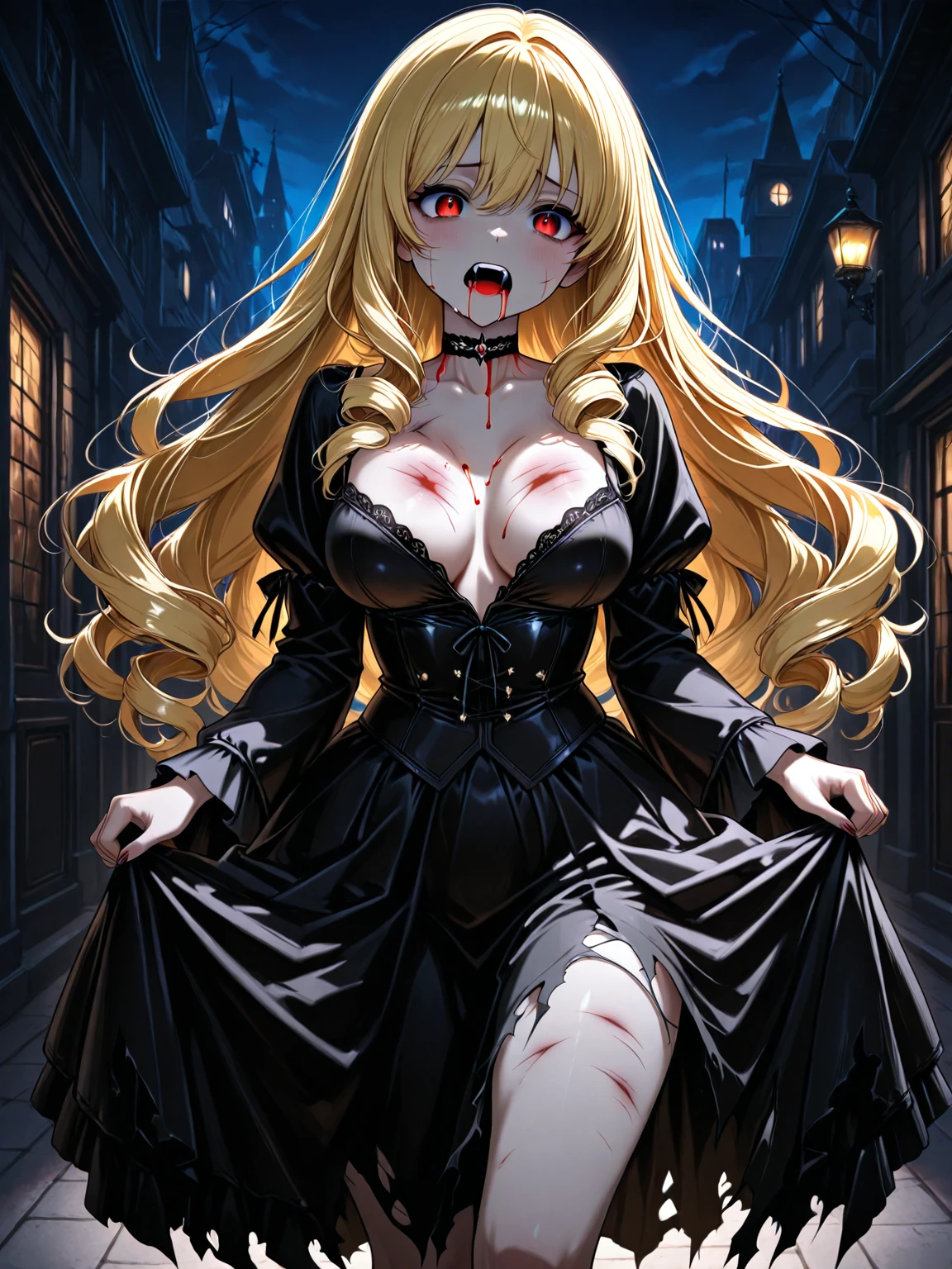 Delicate features,disaster々new devil horns,狂気の笑face, 最上級の笑face, Eyelids wide open, Crazy Smile, Open your mouth wide, 口を開けてteethをむき出しにする, Wide lips, very wide mouth, Vermilion cheeks, Blonde, Princess Cut, Ribbon hair ornament, brooch, Shiny candy blue dress, Gold embroidery,Lolita Style, Gothic style, Facing the audience, Otaku Room, Well-built body, Nice body, Ample breasts, Thick body,Eyes Wide Open、Scary atmosphere、Distorted facial expressions、ねじれた笑face、Bloodstained、bleeding from the head,、Blood splatter、whole body、Long Hair、Long bangs、（（（Dark circles under the eyes）））、Pale skin、Feeling unwell、Pathological、邪悪な笑face、Crazy Eyes、（Grin）Dramatic makeup，Create mixed media art,Well-built,Nice body,Broad shoulders,I focus,(face),Messy Hair,Yellow Eyes,(Glowing Eyes),(Blood splatter:1.6),Red light,笑face,big 笑face,teeth,psycho 笑face,gesugao,Dark city background,darkness,night,(close),Good Eyes, 良いteeth,サディスティックな笑face,,all,Shiny skin,詳細なface,Beautiful body,アwhole body油まみれで光沢感がある　whole bodyから湯気が出ている　Steam like a sauna room fills the screen..　White breath from the mouth　Luxurious lace long gloves