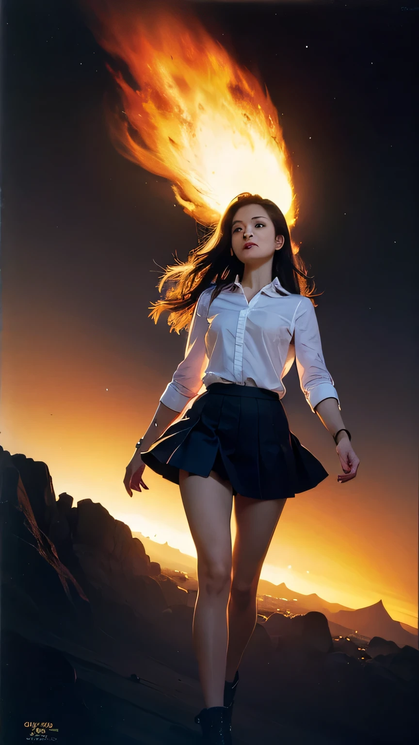 Earle Kulp Bergey, Théophile Steinlen, Georges Lacombe, Katsuhiro Otomo, Mitsuru Hattori, Surrealism, Mystery, Strange, Fantastic, Fantasy, Sci-fi, Fantasy, Japanese Anime, Walking on a Burning Unexplored Map, Gravity Waves in the Dark Void, Miniskirt Beautiful High School Girl Adventurer, detailed masterpiece low high angles perspectives drawings