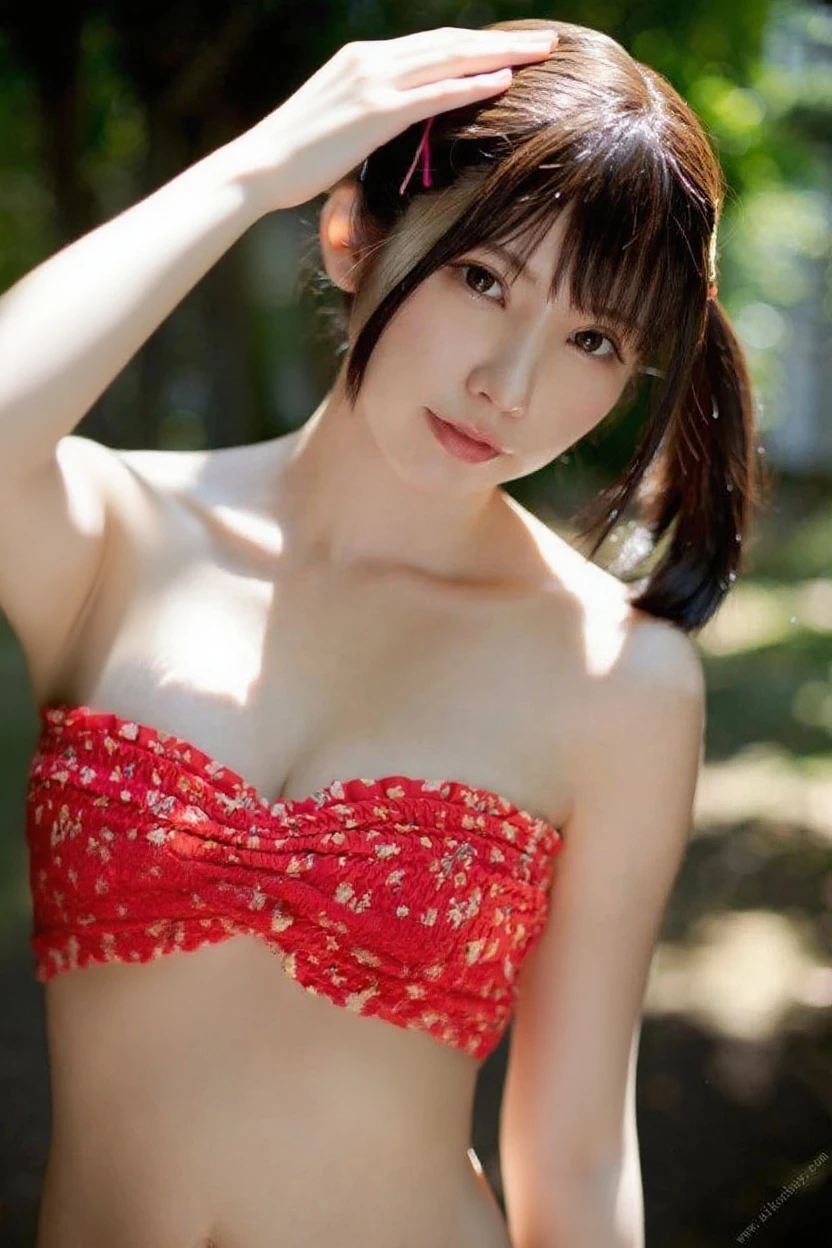 (Close-up of the painting style，Ultra HD 8K，Masterpiece grade CG wallpaper)，Cinematic lighting，cute girly，Delicate and beautiful face，Dreamy pupils，Wearing a small floral short summer dress round waist, Small Breasts, Bust poem,Sit, Cloudy background,the trees,florals,summer,Chinese style buildings, cleavage, magical