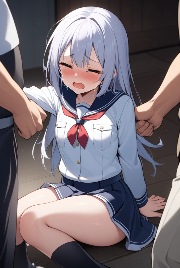 one girl, cute, (childish), (loli), pure girl, silver hair, blue eyes, young, cat's ears, (flat chest), nsfw, (blush), (steam), (wet), (sweat), (a man:2), (doggy style:1.5), (all fours:1.5), (sex:1.2), (intense sex), (blush:1.1), (man rub his penis in girl's pussy:1.3), (vaginal penis:1.2), (man grab girl's hip:1.3), (side angle), (sailor uniform), (restrained:1.3), (shackle restrained:1.2), (collar with chain), (intercourse with a man:1.5), (cum in pussy:1.2), (man treat girl as pet), (cum overflow), (sobbing:1.5), (embarrassed:1.3), (girl is on bed), (girl's first sex), (rape:1.3), (intense rape:1.2), (painful:1.4), (crying:1.2), much tear, (man is behind girl), (open legs), (anal sex:1.2), (drooling)