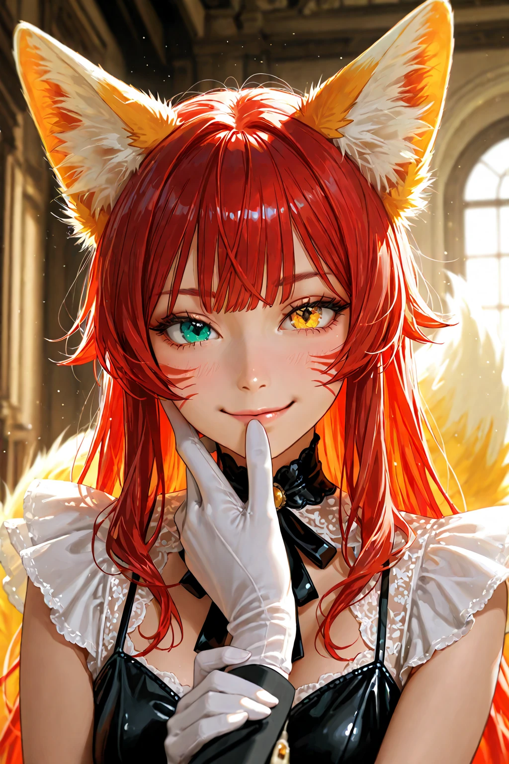 Miqote girl, smiling at the camera, red hair, yellow eyes, solo,