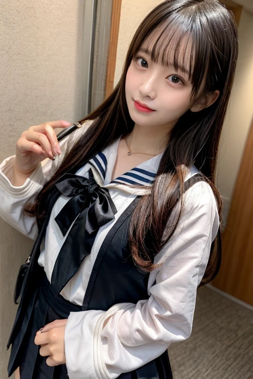 Checked chest ribbon、Sailor suit、Light brown hair、{Medium-long hair}、、1 girl, Realistic Young Gravure Idol, Young Sensual Gravure Idol, Young and cute gravure idol, Japanese Model, Nara Yoshitomo, Young Gravure Idol, Real fleshy gravure idol, A sophisticated gravure idol,  Japanese Goddess, Beautiful Asian Girl, 8K,