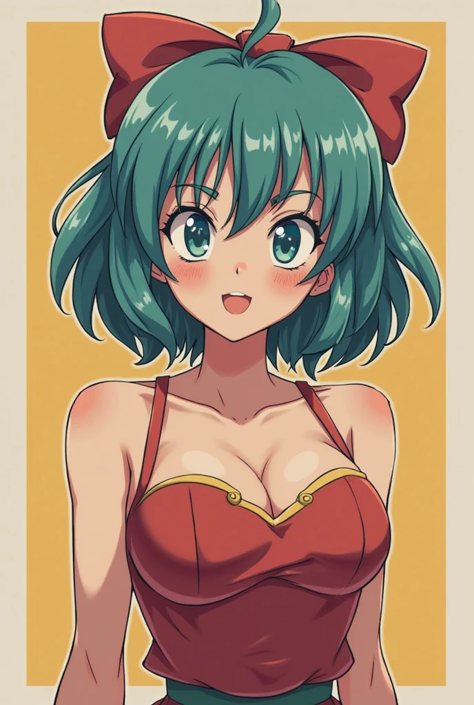"(masterpiece:1.1), best quality,
1girl, (80s anime style:1.3), (eyelashes:1.5), (loli:1.2),
(intricate high detailed body:1.2),
(blue hair:1.1), (blunt bangs:1.1), (twintails, wavy hair:1.1), (headband:1.2),
red eyes, (red lip stick:1.3),
(large breasts:1.1),
(light smile:1.2), open mouth,
(see-through lace leotard armor:1.2), (garter belt:1.2),
(fur:1.1), (ahoge:1.2), bracelet,
standing, peace sign,
(upper body, cowboy shot, looking at viewer, from front:1.1),
(daytime, grassland, outdoors:1.1)"