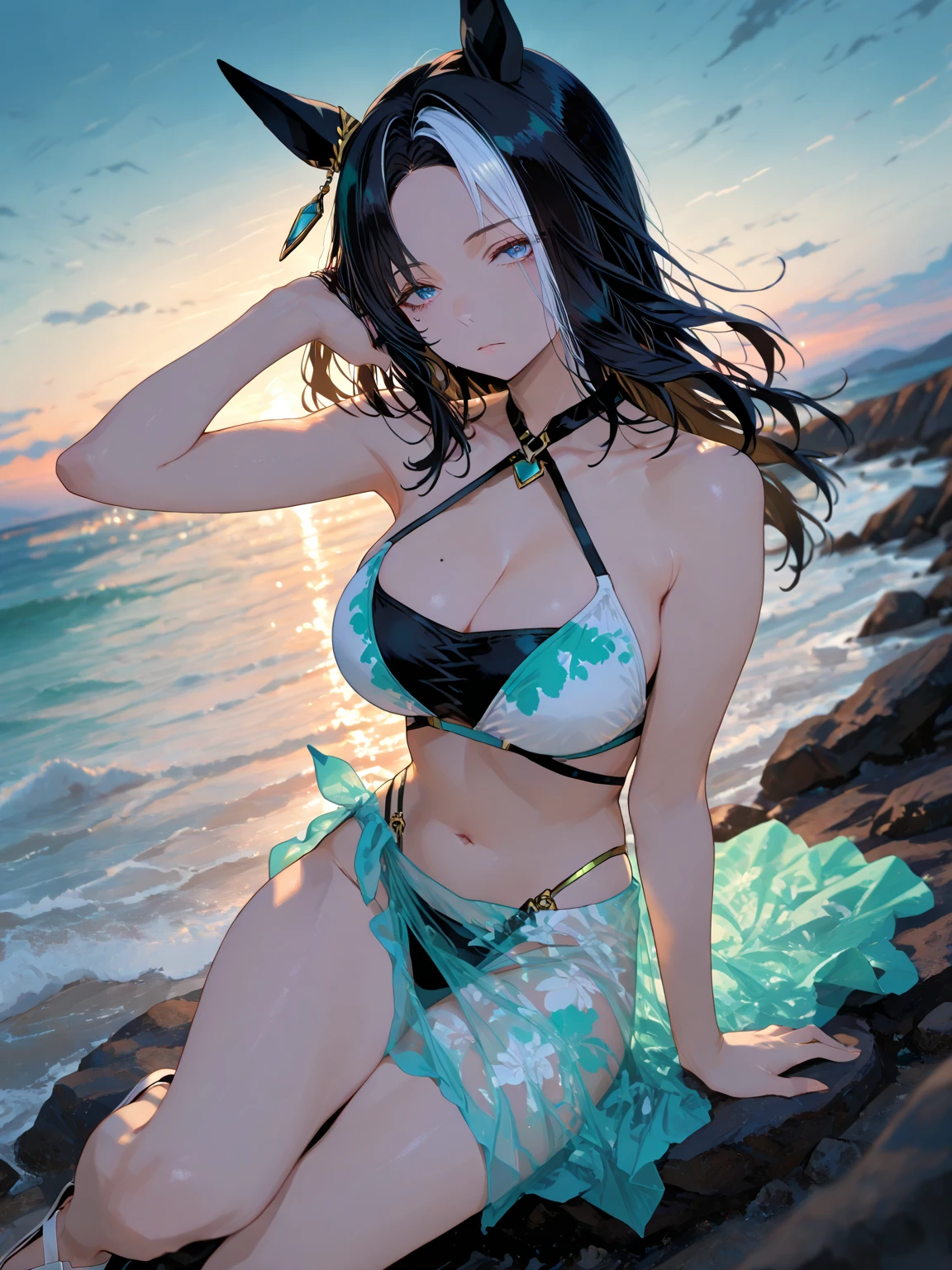 ((17years old girl:1.2)), masterpiece, best quality, braid hair, black hair, (portrait), shiny gray eyes, white onepiece swimsuit dress, palace,outdoors, garden, beach,perfect hands,(Lace costume:1.1),looking front,((Large and gorgeous earrings:1.1)),smile,((wave hair:1.2)),(NSFW:1.05),(arm up:1.3),(Small breasts:1.25)