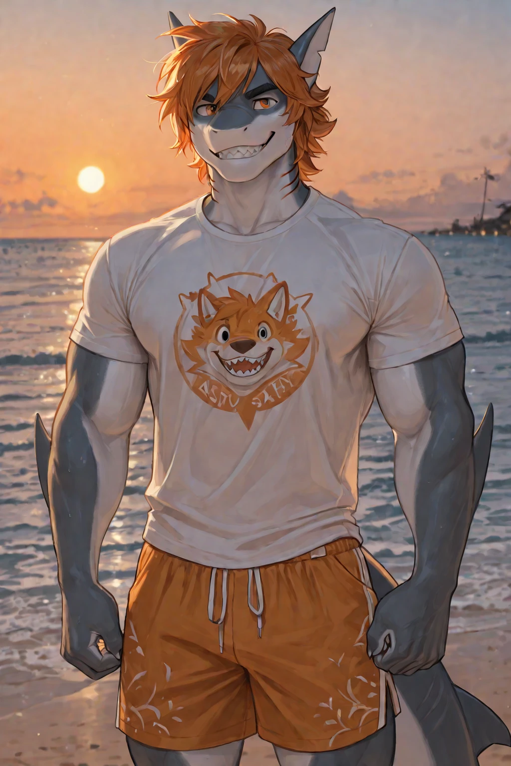 A muscular orange haired man with orange eyes and orange fox ears and an orange fox tail in splashing in a cool t-shirt and shorts is smiling with a beach ball on his hip at the beach