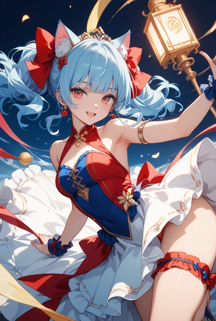 Anime Moe Art Style,Highest quality,High resolution,Anatomically correct,One Girl,Mid-teens,Girl with light blue hair in a ponytail,Very detailed,Fantasy World,Big Breasts,Shiny skin,Beautiful Skin,A rich expression,A big smile,Circus,Stage Costumes,trapeze,Detailed drawn eyes,hair ornaments,8K