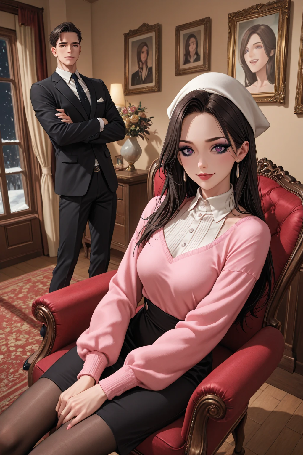 Full body image of two characters standing, a woman in a black maid’s outfit with a black skirt and white stockings with clips on the skirt wearing a maid’s cap, extremely sensual, with exaggeratedly large breasts and  with tight clothing on her body, a bald old man with wrinkled skin and long white beard in a black suit and tie, he is holding her tightly by the waist  ((she has black hair and blue eyes)), her hand is on the wall, they are at the entrance to the bathroom where you can see the shower open with hot water and steam coming out of the door, they are looking at the viewer, she is smiling, he is angry, anime, Realism, UHD, 16k, masterpiece, high details, best quality, anatomically correct, 16k, best quality, high details, masterpiece, UHD