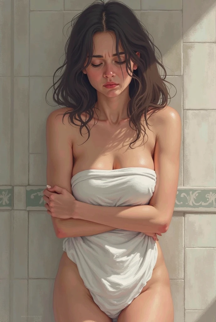 Different mood indian with large eyes woman with very long hair, showing clevage, clutched in deep red towel, wide angle in a silver vintage bathroom, perfect anatomy, illustrative, painterly, detailed, UHD drawing, pen and ink, perfect composition, beautiful detailed intricate insanely detailed octane render trending on artstation, 8k artistic photography, photorealistic concept art, soft natural