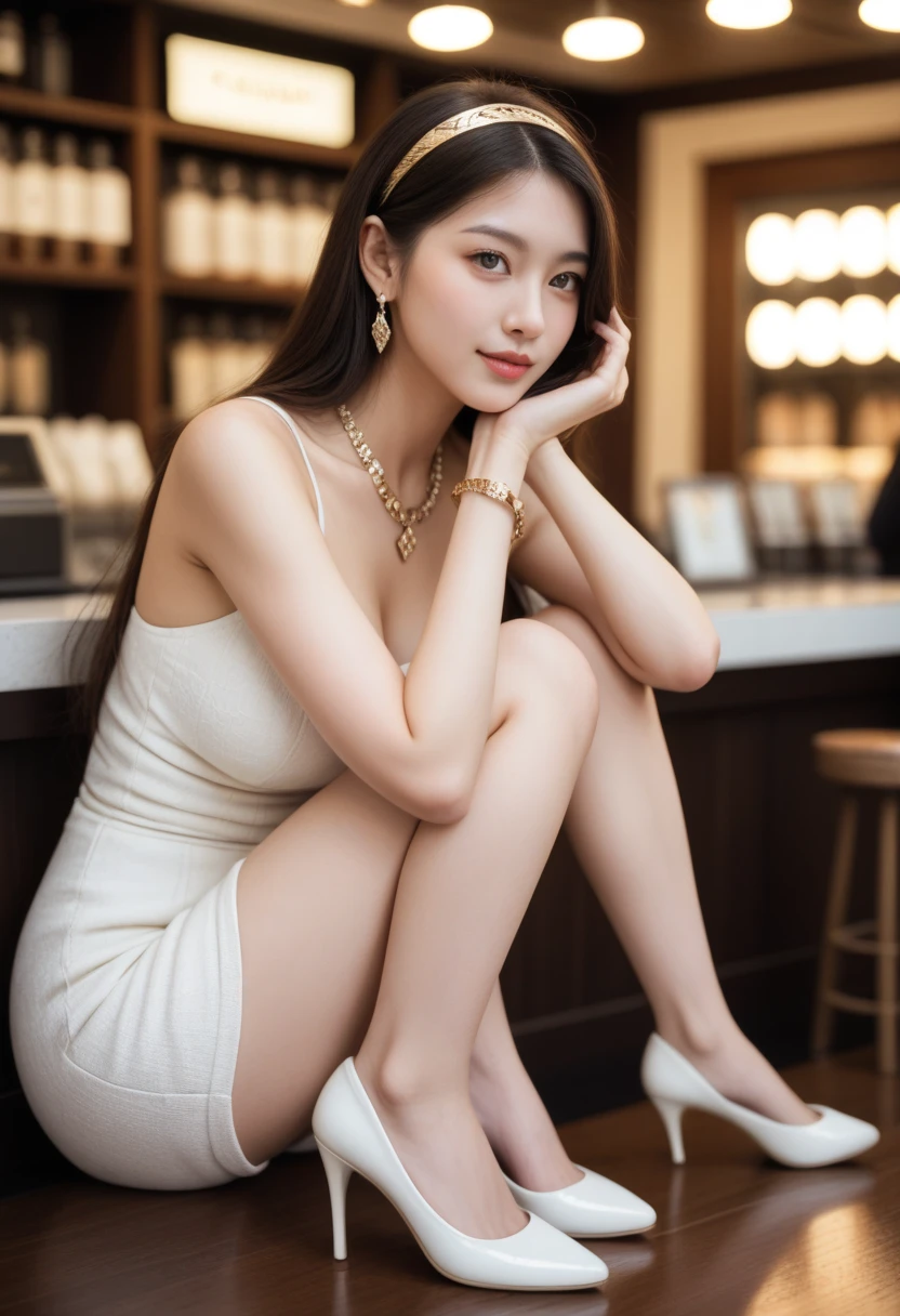 Beautiful 25 year old  woman。She is wearing a summer wedding dress. She is sitting a chairs. She has her legs crossed and one leg is visible. She is shying and smiling on illuminated by the evening church lights . her black hair. High resolution、masterpiece、highest quality、頭w:1.0、((Hasselblad Photos))、fine skin、(movie lighting)、clavicle . full body picture.