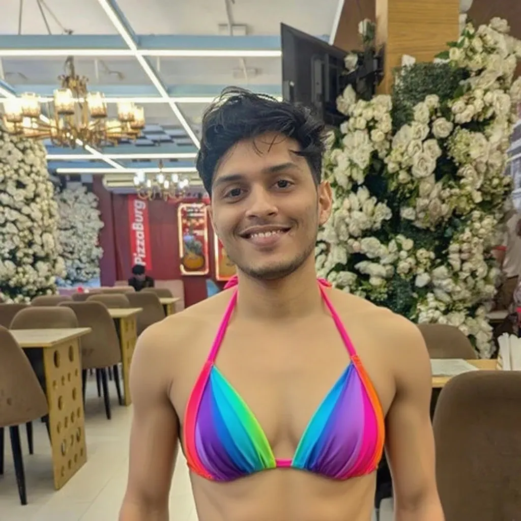 (8k, RAW Photos, Highest quality) masterpiece, 1 teenager, 18-year-old, Asian Muscular Man Watching the Viewer, Stand in front, Exposing his huge muscular chest, Puffy nipples, Sexy Six Pack, Tight waist, good looking, topless, Thick body hair, A man wearing thong underwear ,  Gradient Background, Shine & Sequin Backdrops , Cinema Lighting, Ultra-high resolution