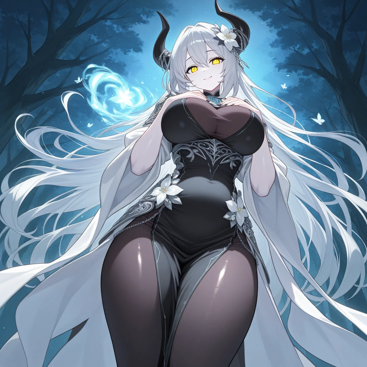 masterpiece,best quality,anime,2d,detailed eyes, 1girl, long hair, solo, butterfly hair ornament, standing, smile, hair between eyes, petals, hair between eyes, butterfly, looking at viewer very long hair, naked apron,pussy masssive breasts, huge breasts, standing, looking at viewer, huge ass, huge thighs, narrow waist, wide hips, thick thighs, curvy,cleavage, closed mouth, white hair, (colored eyelashes:1.2), flower, black eyes, ,(white eyelashes:1.1)