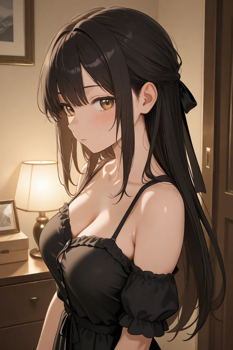 (masterpiece, Highest quality, Super detailed, High resolution, 4K),(Beautiful attention to detail),(Highly detailed face),(One girl),High resolution,Long Hair, Shorts, Telephone, Brown eyes, Black Hair, cellTelephone, bracelet, Tank top, jewelry, clock, lips, Focus Only, Manicure, Blurred background, smile, wristclock, Realistic, Blurred, View your viewers
