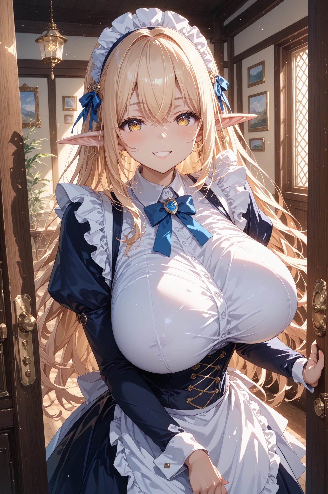 (high quality, high resolution, fine details, Practical), Maid costume, Fantasy World, Room in the castle, Solitary, Elf,(((Large Breasts)))Breast sagging、Low-cut(((Cleavage )))、(((Wide hips,)))(((Hourglass figure)))((Long legs)), Curvy woman, Bright Eyes, (delicate eyes), Smile, blush, Sweat, Oily skin, Shallow and deep
