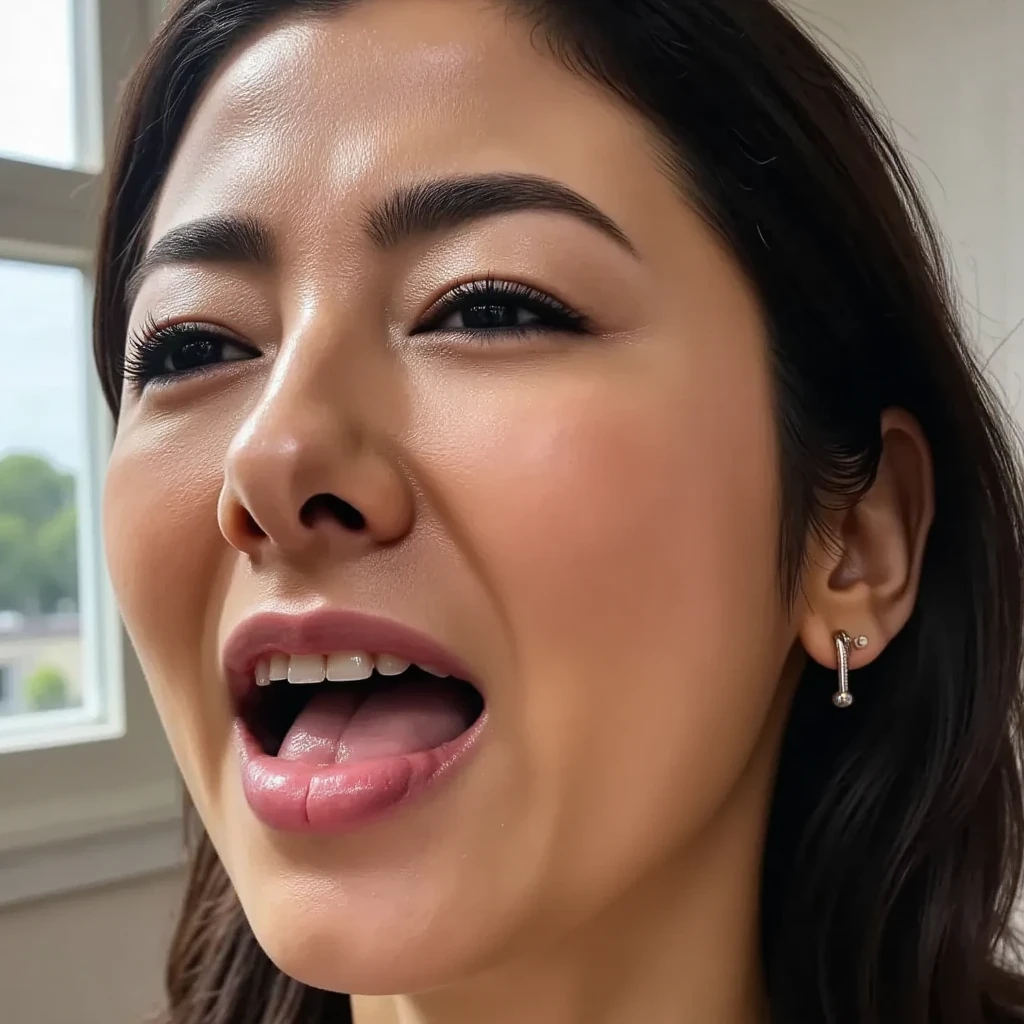 highly detailed photo, realistic, absurdres, highly detailed skin, photorealistic, highres, long hair, (mature:1.3), gilf,  japanese woman, all fours, beautiful, chubby, cleavage, (wrinkled skin:1.3), closed eyes, (open mouth:1.2), (saliva:1.2), (facial, cum, cum in eye:1.3), (handjob:1.3), realistic large penis, <lora:add_detail:0.6>,  portrait photo, laughing, pov from below