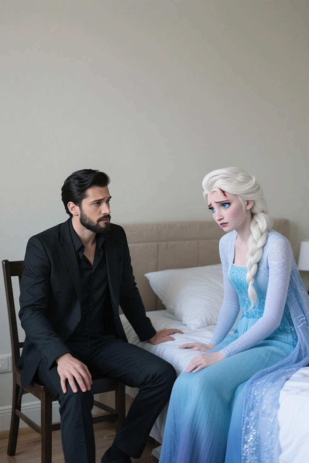 full body, (((1 white young girl and 1 old korean man facing each other))), {A young sweden beautiful girl, 20-year-old, sexy girl, strikingly beautiful, blonde hair, big breasts, delicate facial features, porcelain skin, red lips, expressive eyes, cosplay of Elsa of Arendelle in her stunning blue ice dress. She should have a single braid. sitting on the bed,  } ,in the shabby and dark hotel, (((60 years old korean man wearing business suit))), (((60 years old korean man hugging on white young girl's chest))), (((focus on 60 years old korean man))),