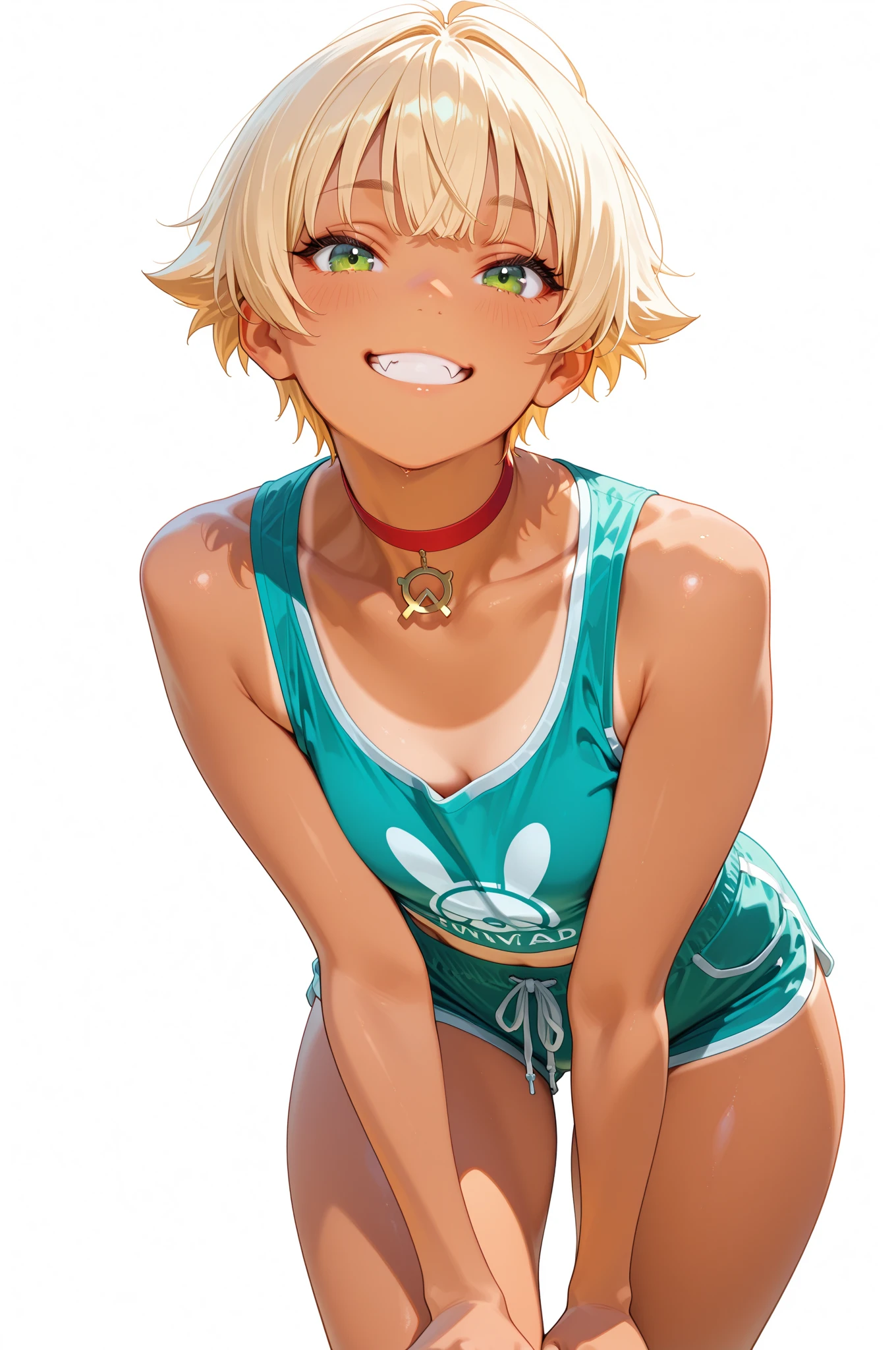 masterpiece, best quality, looking at viewer, upper body, portrait, looking at viewer, seductive smile, put your hands behind your head, armpits, armpits visible, sweaty armpits, mordred, very small breasts, yellow hair, wearing red bikini,