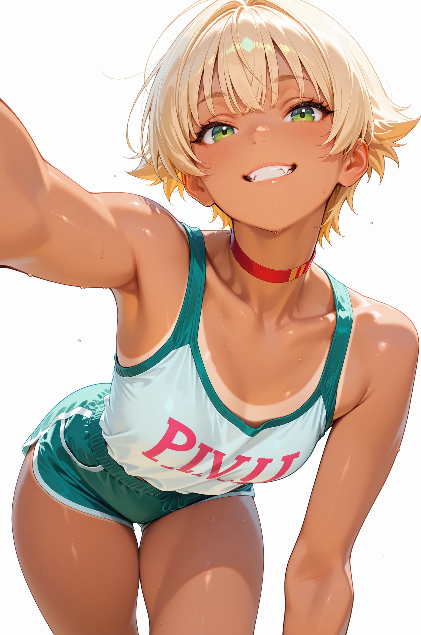 masterpiece, best quality, saeko tanaka, looking at viewer, yellow hair, yellow eyes color, very large breasts, upper body, portrait, seductive smile,both hands raised, armpits, armpits visible, sweaty armpits, wearing beach volleyball uniform, backround on beach