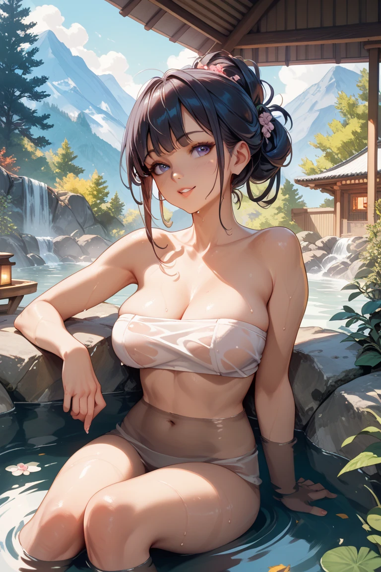 masterpiece,best quality,ultra detailed　,1girl　 ,black hair　 ,medium hair　 ,wavy hair Full-Body hot spring