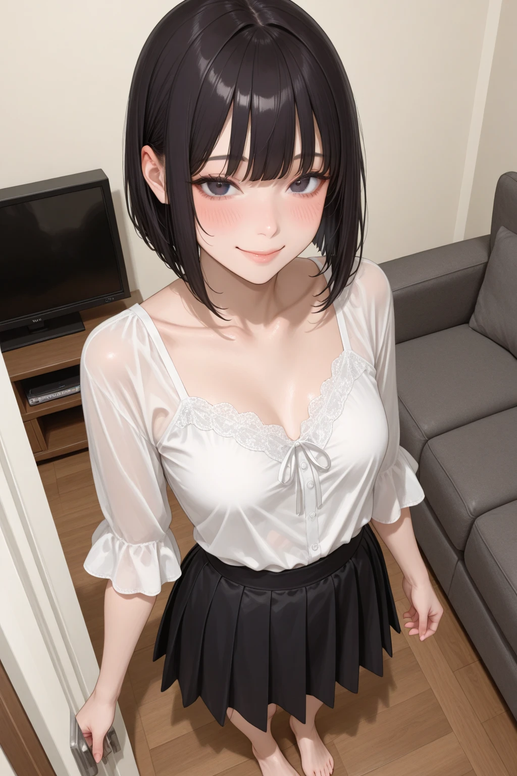 Two Girls , university student, (topless), Large Breasts, (Pull up your skirt, micro thong), Upper Body、necklace、smile, shy, Bedroom, 
