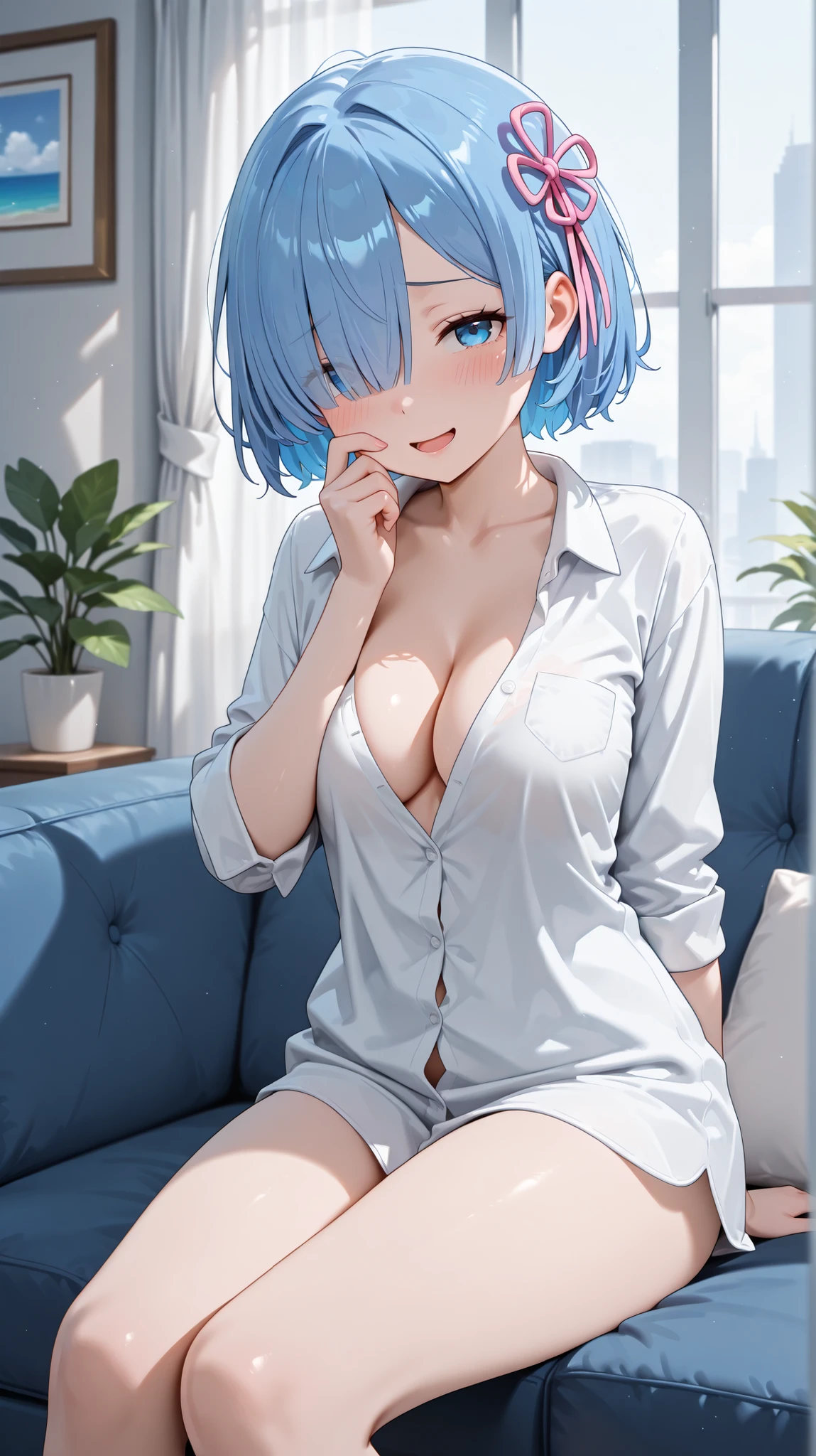 Masterpiece,Highest quality,8K,Ultra-high resolution,appropriate margins,lighting,BREAK,1 person,Very beautiful adult woman,Slim body,Very large breasts,Deep cleavage,BREAK,Light blue hair,hairpin,mascara,Red eyeliner,Light pink lip,Thick upper eyelashes,Thin eyebrows,BREAK,Light purple eyes,BREAK,Embarrassed,Shy smile,BREAK,short hair,Wearing hair in one ear,BREAK,White cute sleeve sweater,Denim shorts,Heart-shaped accessories on thighs,BREAK,Eyes meet