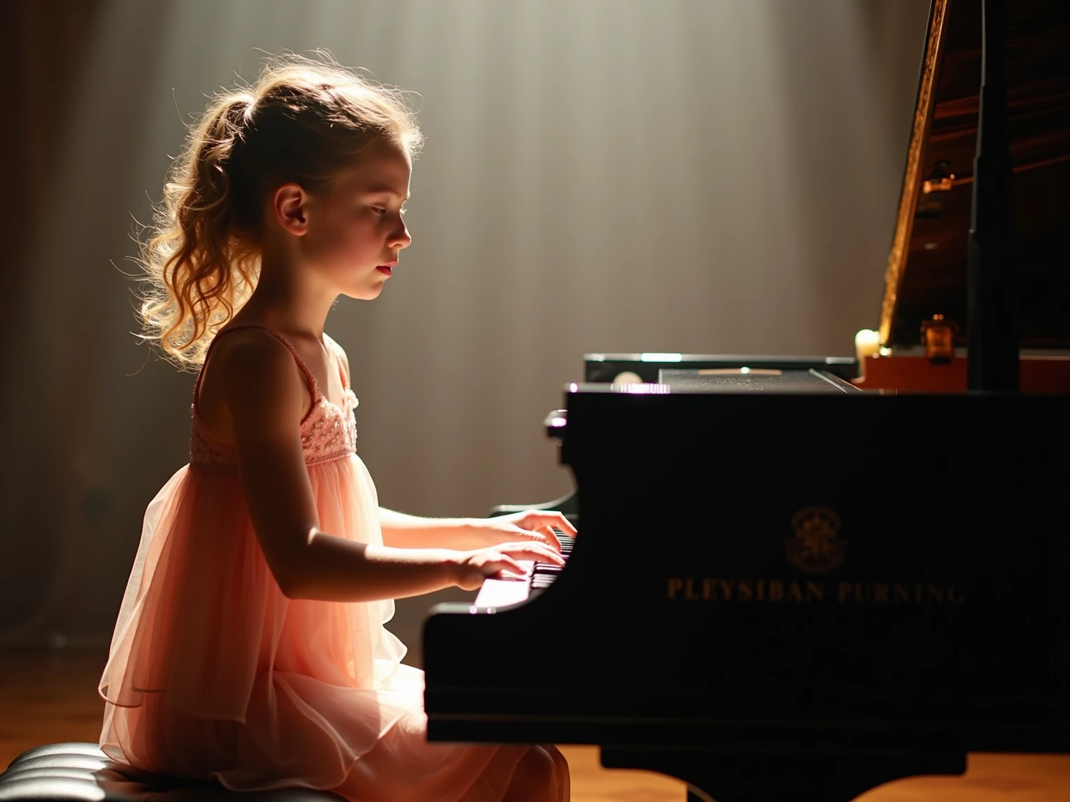 Little girl playing piano, His expression is particularly intoxicating, particularly delicate and clear, The fingers are distinct, and five fingers in each hand play flexibly on the piano keys, The material of the piano is particularly clear and clear, portrait shooting。