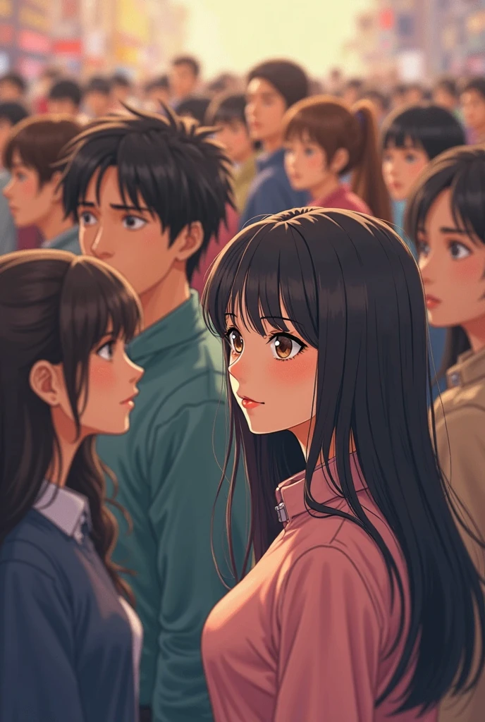 A WHITE, , with long black hair, with bangs and a beauty mark above her mouth and looking like a teenager at school with her friends and she looking like a rich girl with a handsome surfer boyfriend