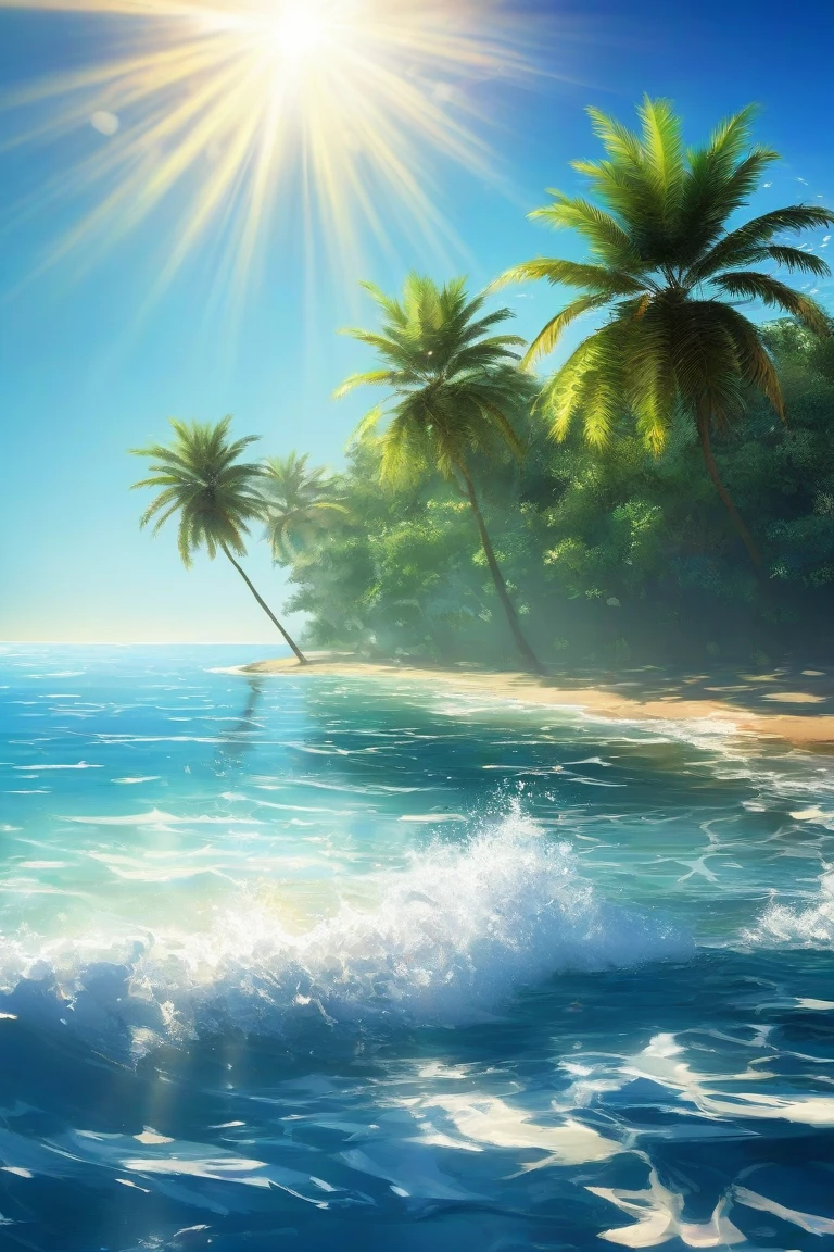 Tropical coast, A clear sky with cumulonimbus clouds,Palm tree,Blur the background,Pleasant sea breeze,Glitter effect,Highest quality, 8K, High resolution, masterpiece:1.2, Very detailed, Realistic:1.37, High resolution, 超High resolution, Ultra-fine painting, Very detailed, Professional, Vibrant colors