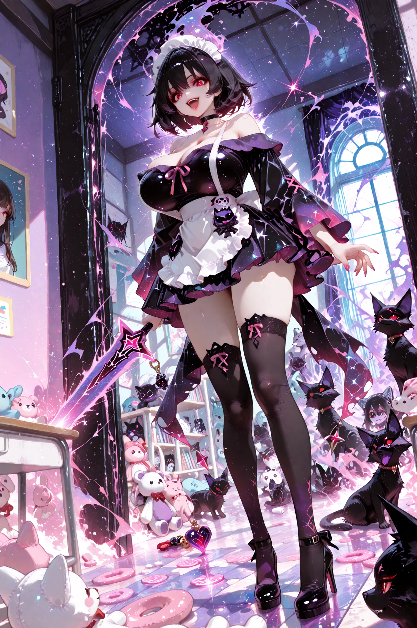 ((Full body shot: 1.5))、((One animal))、((Real female cat))、Big smile、スリムなスタイル、((The background is blurred and nothing is visible))、kpop idol costumes、Cute chibi anime sitting on a plate, long pink hair with twin tails、I have cat ears、Wear a blue mini dress, Smiling, Logo is cheap、Iridescent colors、Heavily
