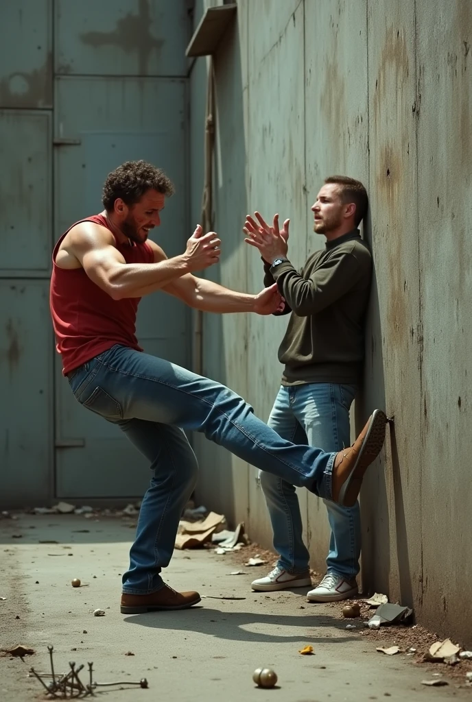 ATTENTION: (((TWO MALES HANDSOME MAN TOGETHER))) IN HIGH REALISTIC RAW IMAGE. Man A 41, exceptionally handsome man with light-colored eyes and short, thinning hair. He is (((dressed a pants, formal shoes, and an open, extremely shiny blue nylon puffer jacket that reveals his hairy  and slightly prominent belly))). He is (((positioned ))), with his head slightly raised as his necktie is being pulled by the domineering handsome man B. His is (((expressing deep humiliation and forced submission by the bad Man B, 32))), man with short hair, light skin, and a robust natural and hairy  with a slightly prominent belly. He is (((wearing sports pants and sneakers, with , exposing his upper body))). Standing next to humiliating Man A, he grips the colar animal with a smug, dominant expression, (((pulling it to lift Man A’s head toward the camera))).
 ATTENTION: extremely ultra mega high ACCURATE IMAGE. High resolution, Best quality, High details, HD model, Anatomically correct, Accurate. ATTENTION: (((TWO MALES HANDSOME MAN TOGETHER))). 