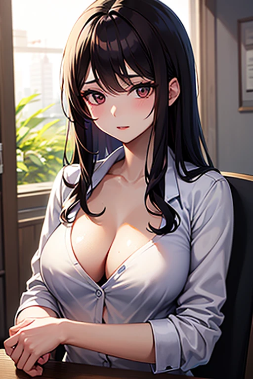 OL, office lady, panties, Black bra, smile, necklace, Earrings, Front view, whole body, Low - Angle,Long black hair、Large breasts