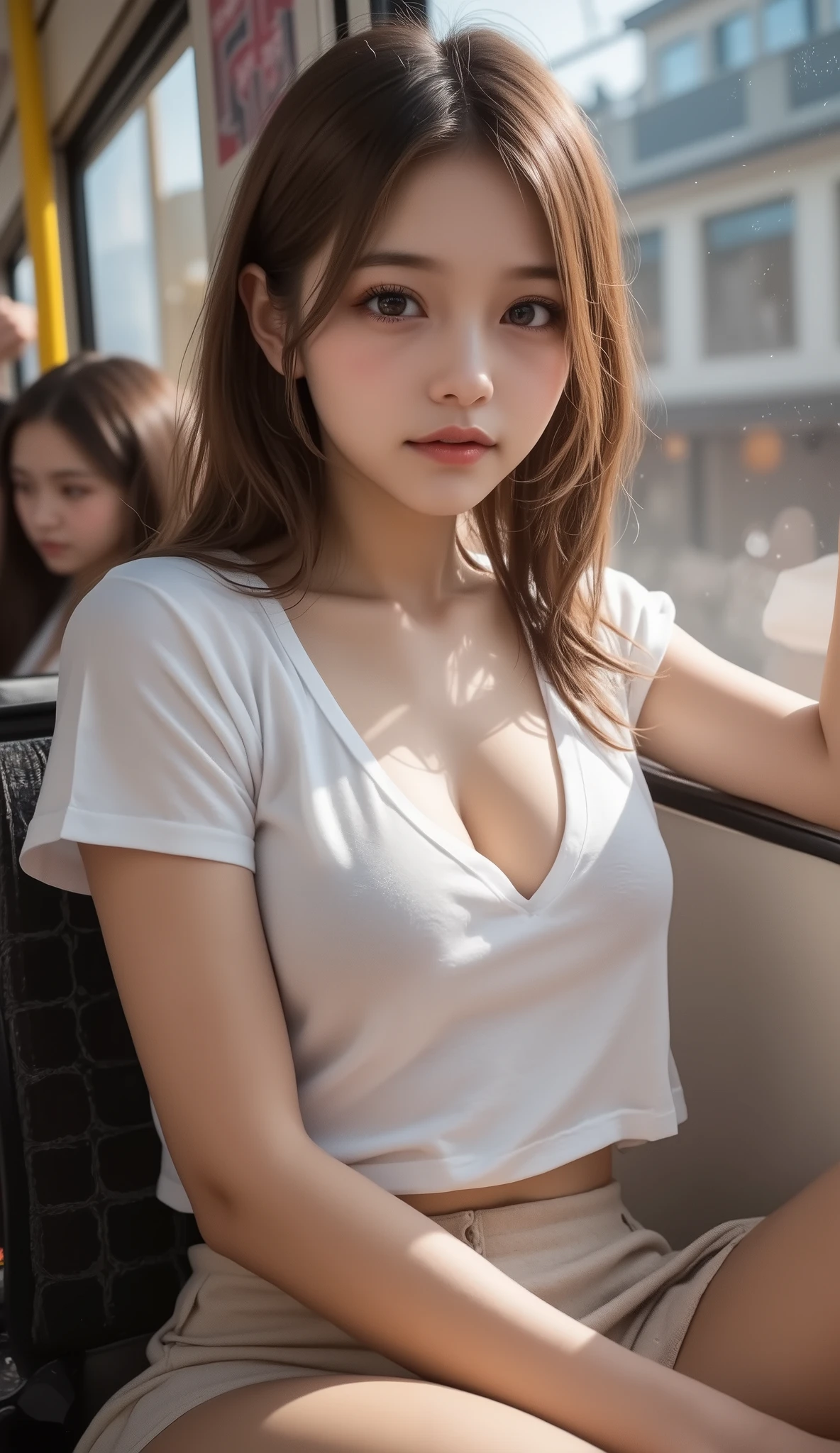 (On the train in Tokyo、Sitting in a seat on the Yamanote Line)、(Realistic、Like a photograph、Live Action、8k, Realistic, RAW Photos, Best image quality: 1.4), Single-lens reflex camera、RAW Photos, Highest quality, Realistic, Highly detailed CG Unity 8k wallpaper, Written boundary depth, Cinematic Light, Lens flare, Ray Tracing, Realistic background、(Open chest shirt:1.4、Denim pants:1.4、Big Breasts、Breast flash:1.3）((Brown inner color hair:1.1))、((White skin))、 Cute Japan Office Lady、Japanese Girls、24-years-old、((whole body:1.5))、Long Hair:1.2、I like that style、stylish、Very detailed、Pay attention to the details、Perfect outfit、Dozing off on the train、sit in a train seat、View from the upper seats、Accurate Arm、Accurate feet
