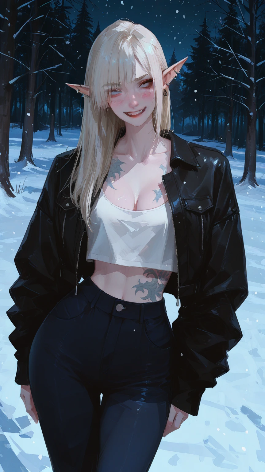 (best quality, ultra-detailed, photorealistic: 1.39), bright and vibrant colors, studio lighting, romantic expression, An effeminate girl, with a delicate and beautiful face. She is a girl who reflects seductive beauty, sparkling eyes, A beautiful adult woman beautiful and voluminous curly white hair, hair clip, crying a seductive 2 woman with big breasts seduces, with her large breasts seduces, black jacket, strapless tank top, pleated schoolgirl skirt, with her blue eyes that matches her soft smile, in a beautiful pose demonstrating her seduction on the On the porch of the house, beautiful moon, Halloween decoration, night with soft lighting, anime style, like a manwha character