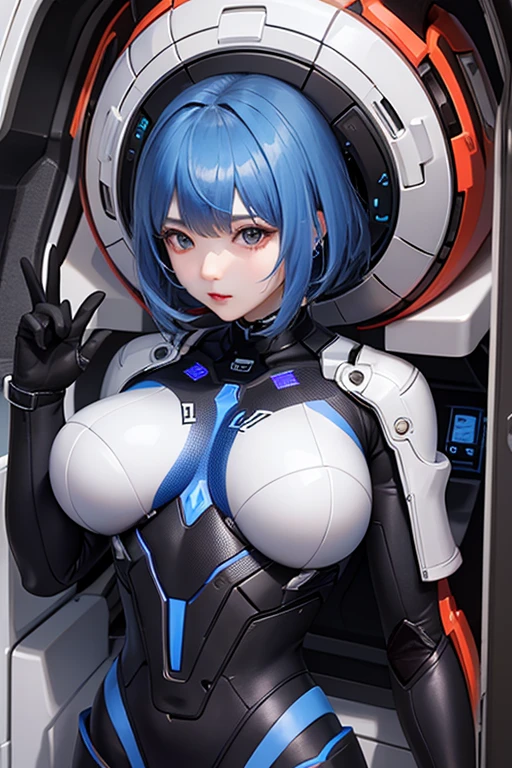 girl, With big breasts, white spy suit, long navy blue hair, blue eyes, futuristic armor, sky blue lights.